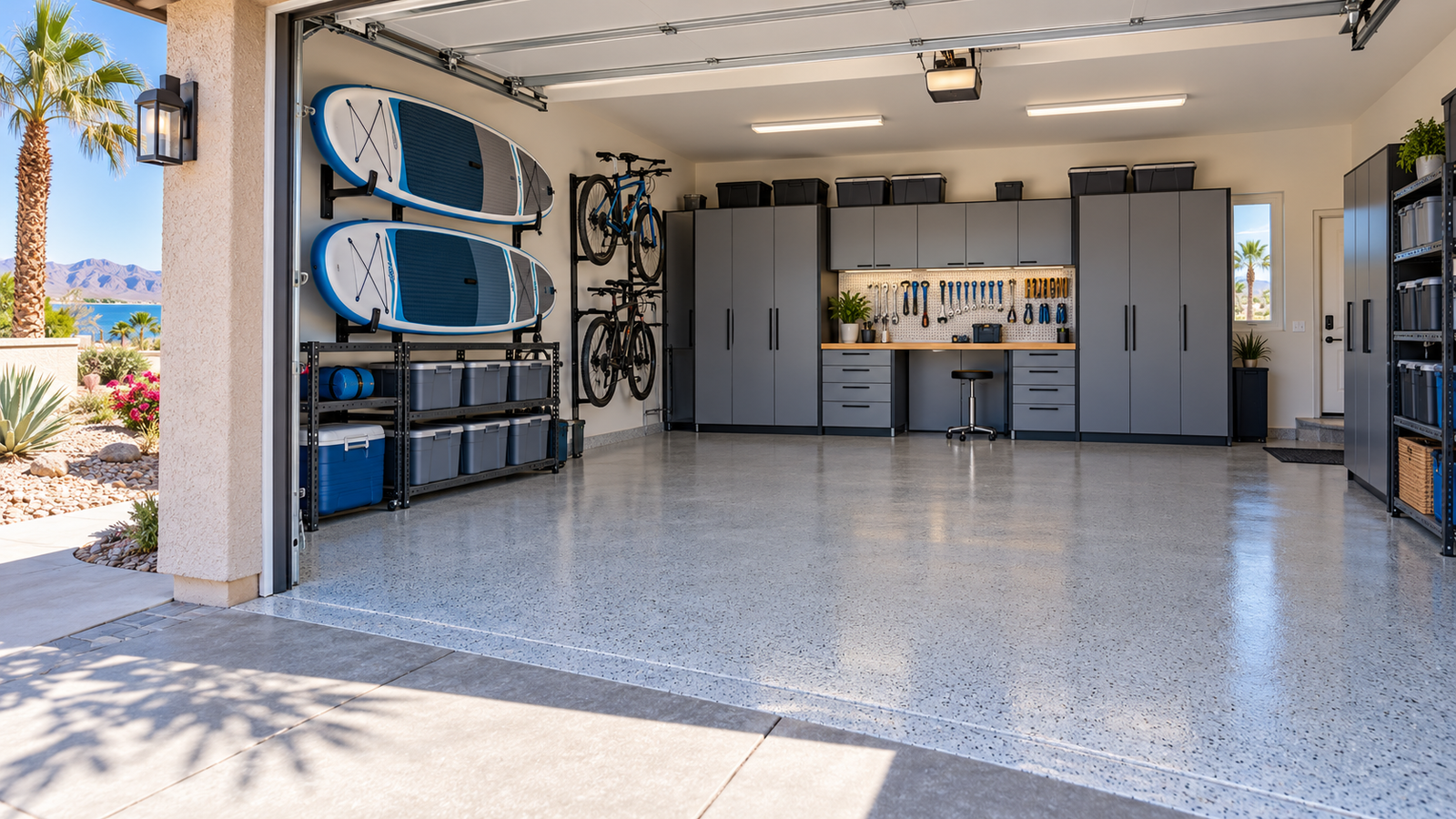 Neatly organized garage with room for storage and everyday essentials